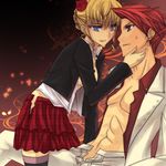  1girl abs beatrice blonde_hair isya lowres open_clothes open_shirt red_hair shirt thighhighs umineko_no_naku_koro_ni ushiromiya_battler 