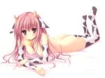  animal_ears animal_print ass bell breasts copyright_request cow_ears cow_girl cow_print detached_sleeves horns long_hair lying medium_breasts nipples nude pink_hair red_eyes solo tateha_(marvelous_grace) thighhighs 