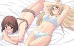  bed_sheet blush bra copyright_request lingerie long_hair lying multiple_girls nishiyama_maruta panties short_hair underwear underwear_only 