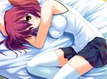  bed fumio_(ura_fmo) game_cg hoshiuta kuroda_yui lying miniskirt red_hair ribbon shirt skirt sleeveless sleeveless_shirt solo thighhighs twintails yellow_eyes 