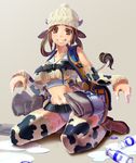  2009 animal_ears animal_print bad_id bad_pixiv_id bag beanie breasts brown_eyes brown_hair cow_ears cow_girl cow_print cow_tail grin hat horns kneeling large_breasts milk navel new_year newspaper original smile solo spill spilled_milk tail thighhighs underboob yahako 