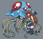  animal_ears blush brown_hair flat_chest fox_ears gen_1_pokemon kneeling long_hair one-piece_swimsuit pokemon pokemon_(creature) pokemon_(game) pokemon_rgby school_swimsuit solo swimsuit tail takanashi_ringo tentacles tentacruel thighhighs 