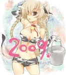  2009 animal_ears animal_print armpits bell blonde_hair braid breasts bucket cleavage cow_ears cow_girl cow_print cow_tail earrings elbow_gloves gloves horns jewelry large_breasts long_hair midriff milk mofmof_(sousa) navel new_year original purple_eyes solo tail twin_braids zipper 