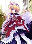  absurdres blonde_hair blue_eyes copyright_request frills garters highres japanese_clothes lolita_fashion nimura_yuuji snow solo thighhighs too_many too_many_frills wa_lolita 
