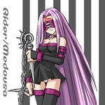  artist_request blindfold chain collar dress facing_viewer fate/stay_night fate_(series) long_hair lowres nameless_dagger panties pantyshot rider solo strapless strapless_dress thighhighs underwear very_long_hair weapon 