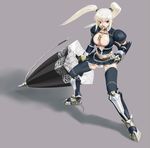  armor between_breasts breasts cleavage elbow_gloves gloves gun highres large_breasts long_hair meran_(armor) monster_hunter monster_hunter_frontier mouth_hold panties rasukaru red_eyes solo thighhighs twintails underwear weapon white_hair 