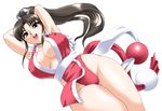  breasts brown_eyes brown_hair cleavage covered_nipples fatal_fury japanese_clothes large_breasts long_hair ninja open_mouth panties pelvic_curtain ponytail revealing_clothes shiranui_mai smile solo the_king_of_fighters thighs toushi_ryoku underwear 