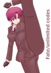  bad_id bad_pixiv_id bazett_fraga_mcremitz breasts earrings fate/hollow_ataraxia fate/stay_night fate/unlimited_codes fate_(series) formal high_kick jewelry kannagi_kaname kicking large_breasts pant_suit pink_eyes pink_hair short_hair solo suit 