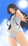  black_hair blush breasts brown_eyes cloud copyright_request covered_nipples day from_below hair_ornament hairclip long_hair medium_breasts nishiyama_maruta one-piece_swimsuit open_mouth outdoors school_swimsuit see-through sky solo swimsuit wet white_school_swimsuit white_swimsuit 