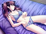  bra game_cg konoe_sunao lingerie lying mahiro_takeumi navel panties red_eyes red_hair solo striped striped_bra striped_panties tsuyokiss twintails underwear underwear_only 