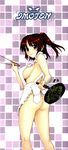  apron ass blush breasts chopsticks cooking copyright_request covered_nipples food hair_bobbles hair_ornament highres large_breasts looking_back naked_apron orange_eyes red_hair saegusa_kohaku sideboob smile solo twintails 