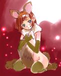  animal_costume animal_ears blue_eyes blush brown_hair christmas covering covering_breasts hairband lowres nishida_asako raccoon_ears rodoreamon simoun sitting solo tail tanuki thighhighs 