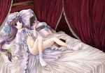  bed bed_sheet book bottomless convenient_leg curtains hat lying no_bra no_panties on_back open_clothes open_robe patchouli_knowledge pillow ribbon robe satin satin_sheets socks solo touhou yuki_shuuka 