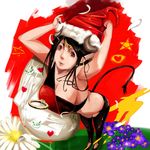  armpits bad_id bad_pixiv_id black_hair breasts cevoy cleavage copyright_request earrings hat horns huge_breasts jewelry long_hair pointy_ears red_eyes santa_hat solo tail 