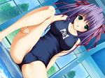  dutch_angle game_cg green_eyes kuramori_yui leg_hold long_hair looking_at_viewer mehime_no_toriko name_tag non-web_source one-piece_swimsuit orimiya_mai parted_lips partially_visible_vulva pool poolside purple_hair school_swimsuit solo spread_legs swimsuit wet 