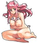  animal_print areolae barefoot bikini blush breasts copyright_request cow_girl cow_print horns kneeling large_areolae large_breasts long_hair pink_hair pointy_ears poporon solo swimsuit 
