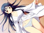  amakawa_riri black_hair brown_eyes floor game_cg lying mizuki_kotora navel niizuma_capriccio! panties robe solo striped striped_panties underwear 