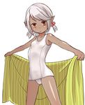  bad_id bad_pixiv_id cameltoe dark_skin emdo_(norabbit) flat_chest hair_ornament one-piece_swimsuit original pointy_ears red_eyes school_swimsuit silver_hair solo swimsuit towel white_school_swimsuit white_swimsuit 