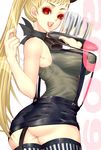  2009 ass bell blonde_hair breasts highres large_breasts long_hair new_year original ponytail red_eyes solo suspenders tail thighhighs tomohide 