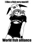  :p animal_hat bandaid blush buruma clothes_writing copyright_request engrish greyscale hat kzm monochrome no_pants ranguage shirt solo t-shirt tears tongue tongue_out twintails wristband 