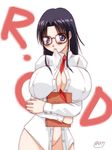  between_breasts black_hair blue_eyes blush book breasts glasses huge_breasts necktie no_panties paper read_or_die solo yomiko_readman 