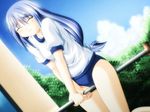  blue_hair blush buruma bush closed_eyes cloud day dutch_angle embarrassed game_cg gym_uniform horizontal_bar kannuki_yoake long_hair nemurenu_monotachi_e non-web_source outdoors ponytail samura_yoko sexually_suggestive sky solo tree very_long_hair 