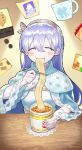  anastasia_(fate/grand_order) beppu_mitsunaka bird blush cape chicken chopsticks commentary cup cup_ramen eating fate/grand_order fate_(series) food hairband mug noodles ramen silver_hair 