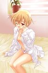 bed blonde_hair one_eye_closed open_clothes open_mouth original panties plant potted_plant short_hair sleepy sleeves_past_wrists solo underwear yuki_(white_garden) 