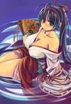  bare_shoulders black_hair blue_eyes breasts fan hakama huge_breasts japanese_clothes long_hair miko original red_hakama sitting solo water wet xration 