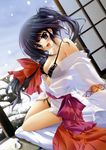  absurdres bangs bare_shoulders blue_hair bra breasts cleavage copyright_request dutch_angle front-tie_top hakama highres izumi_tsubasu japanese_clothes large_breasts looking_at_viewer miko off_shoulder open_mouth panties purple_eyes red_hakama side-tie_panties smile snow solo strap_gap strap_slip striped striped_bra striped_panties underwear 