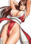  areola_slip areolae armpits arms_up breasts brown_eyes brown_hair cameltoe cleavage covered_nipples fatal_fury highleg highleg_panties hip_bones huge_breasts long_hair panties pelvic_curtain pubic_hair revealing_clothes saigadou shiranui_mai solo sweat the_king_of_fighters thighs underwear wedgie 