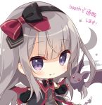  1girl animal bangs bat black_bow black_hairband black_jacket blush bow chibi closed_mouth commentary_request dress eyebrows_visible_through_hair fang fang_out grey_dress grey_hair hair_between_eyes hairband hoshi_(snacherubi) jacket long_hair long_sleeves original puffy_long_sleeves puffy_sleeves purple_eyes red_bow red_wings simple_background sleeves_past_wrists smile solo star very_long_hair white_background wings 