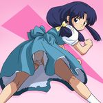  alternate_hairstyle bent_over blue_eyes blue_hair bow dress fuurinkan_high_school_uniform hair_bow haruyama_kazunori long_hair looking_back low-tied_long_hair lowres panties ranma_1/2 school_uniform solo tendou_akane underwear upskirt white_panties 