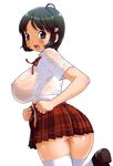  ass black_eyes black_hair blush breasts copyright_request highres huge_breasts looking_back machino_henmaru nipples no_bra no_panties see-through shirt short_hair skirt solo thighhighs tight wet wet_clothes wet_shirt 