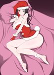  barefoot bed bed_sheet black_hair bottomless breast_slip breasts brown_eyes dress feet gloves hat highres large_breasts long_hair lustful_berry lying miito_shido nipples no_bra on_side original panties panties_around_one_leg pillow red_gloves santa_costume santa_hat smile solo strapless strapless_dress underwear yamanouchi_hisako 