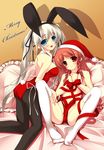  animal_ears bdsm blue_eyes bondage bound braid bunny_ears bunny_girl bunny_tail bunnysuit hat kneeling long_hair mabinogi multiple_girls naked_ribbon nao_(mabinogi) pantyhose ribbon ribbon_bondage santa_hat sitting tail thighhighs triona twin_braids twintails umitsubame white_hair 