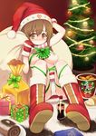  29_(artist) blush boots box breasts brown_eyes brown_hair cake chicken_(food) christmas christmas_tree coca-cola food gift gift_bag gift_box gloves hat kfc large_breasts long_hair metal_gear_(series) metal_gear_solid nipples original panties parody pastry ribbon sack santa_costume santa_hat scarf skirt smile solo swiss_roll topless underwear upskirt 