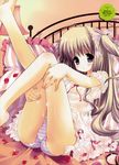  absurdres barefoot bed blush bow brown_hair copyright_request hands highres long_hair morinaga_korune non-web_source panties petals purple_eyes solo striped striped_panties underwear very_long_hair 