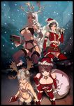  angry animal_costume antlers armband bare_shoulders bra breasts christmas cleavage clenched_hand fingerless_gloves garter_belt gloves hat large_breasts lingerie long_hair mole mole_under_eye multiple_girls original panties reindeer_costume sack santa_costume santa_hat snow sun-3 thighhighs toned underboob underwear 