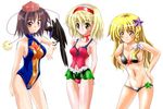  alice_margatroid animal_on_arm bikini bird bird_on_arm blonde_hair blush brown_hair crow hat kirisame_marisa multiple_girls navel nyanta see-through shameimaru_aya smile swimsuit touhou 