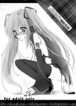  bare_shoulders detached_sleeves full_body greyscale hatsune_miku long_hair monochrome mugen_dai number simple_background solo squatting tattoo thighhighs twintails very_long_hair vocaloid white_background zettai_ryouiki 