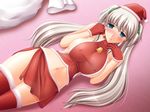  bell blue_eyes blush breasts christmas covered_nipples gloves huge_breasts kafu long_hair lying mabinogi midriff nao_(mabinogi) red_gloves santa_costume solo thighhighs twintails white_hair 