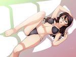  bikini brown_eyes brown_hair glasses gundam gundam_00 highres kati_mannequin lying mole mole_under_mouth solo swimsuit tadano_akira wallpaper 