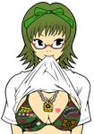  bow bra copyright_request glasses green_hair hair_bow kzm lingerie lock mouth_hold shirt_lift short_hair solo underwear 