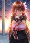  1girl alternate_costume black_jacket black_skirt blazer blush breath brown_hair chain-link_fence chocolate chocolate_heart cloud cloudy_sky confession eyebrows_visible_through_hair fence gift hair_between_eyes hair_ornament heart highres jacket kantai_collection kisaragi_(kantai_collection) lips long_hair long_sleeves looking_at_viewer open_mouth outdoors pink_scarf pleated_skirt purple_eyes red_neckwear ribbon scarf school_uniform serafuku skirt sky sunlight sunset takamichis211 valentine winter 