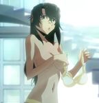  black_hair bra bra_removed breasts highres kizaki_emi kurogane_no_linebarrel large_breasts lingerie long_hair navel panties screencap solo stitched third-party_edit topless underwear underwear_only undressing yellow_bra yellow_panties 