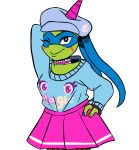  2019 anthro bandanna blue_eyes choker clothed clothing colored_nails crossgender english_text facial_markings female hand_on_hip hat inkyfrog leonardo_(tmnt) looking_at_viewer markings mask one_eye_closed reptile rise_of_the_teenage_mutant_ninja_turtles scalie shell simple_background skirt solo standing teenage_mutant_ninja_turtles text turtle white_background wink 