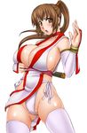  blush breast_lift breasts bridal_gauntlets brown_eyes brown_hair choker cleavage dead_or_alive huge_breasts kasumi_(doa) long_hair metadora ninja panties partially_visible_vulva pelvic_curtain ponytail side-tie_panties sideboob solo thighhighs underwear white_legwear white_panties 