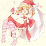  blonde_hair bow breasts christmas cleavage earmuffs gigantic_breasts goban hat one_eye_closed original red_eyes sack santa_hat short_hair short_twintails smile solo striped striped_legwear thighhighs twintails 