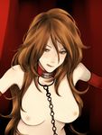 breasts brown_eyes brown_hair collar copyright_request koutarou_(farthest) leash licking_lips long_hair medium_breasts naughty_face nipples solo tongue tongue_out topless 